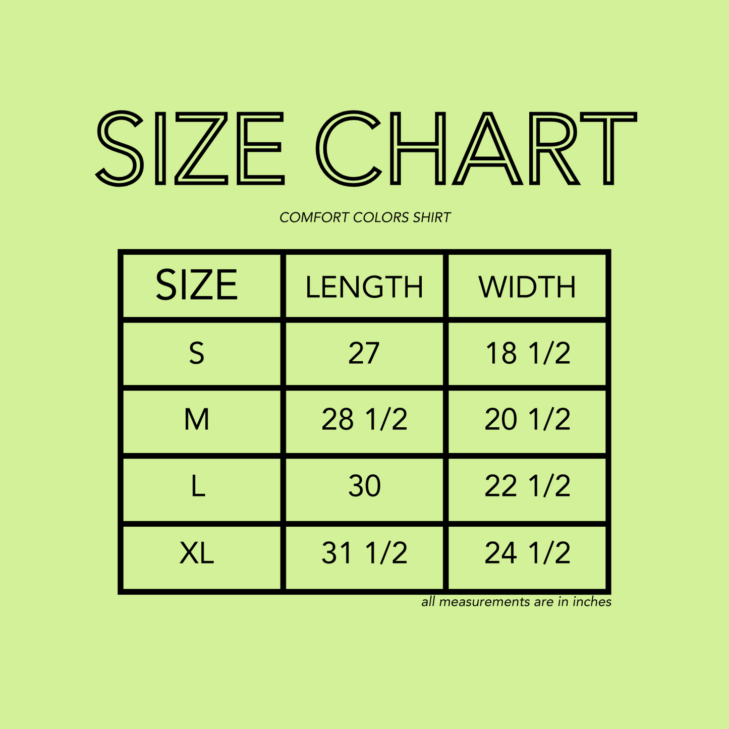 comfort colors size chart