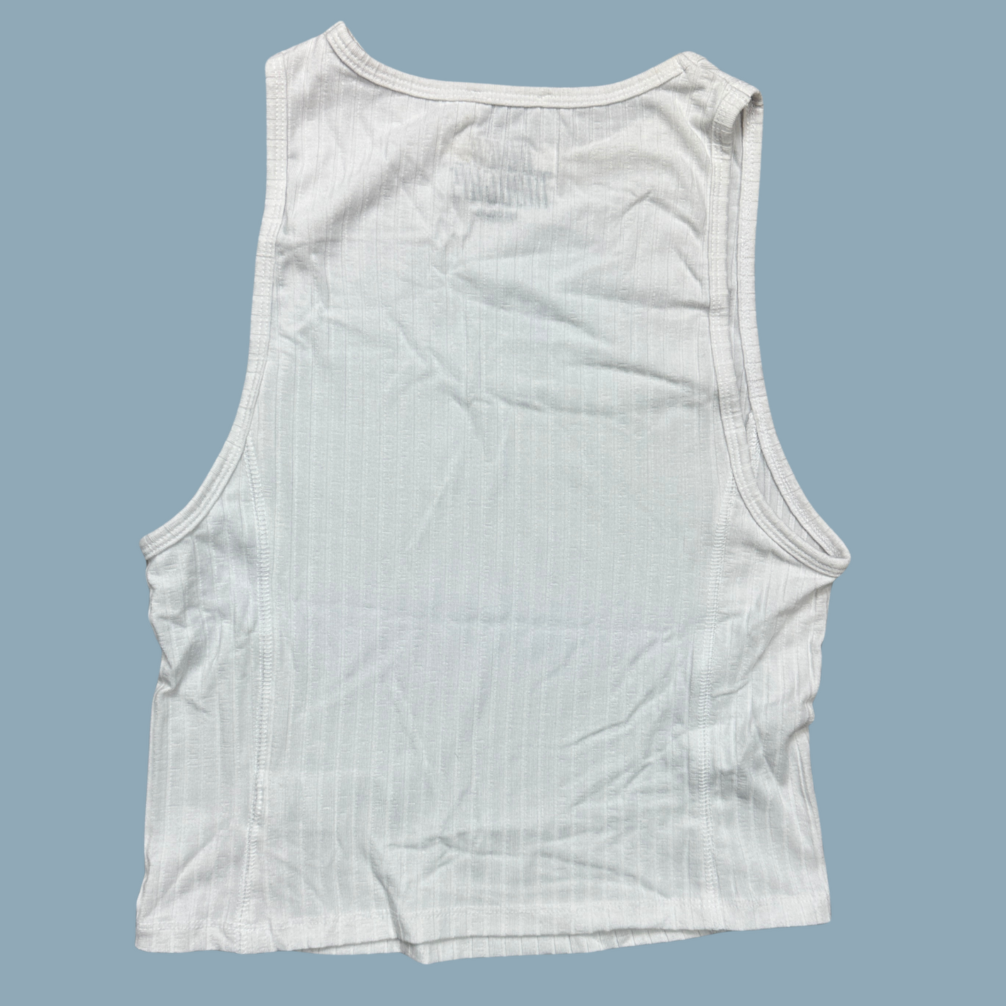 back (blank) - White high neck ribbed tank top with Night Sk(eye) print on the upper middle part of the front
