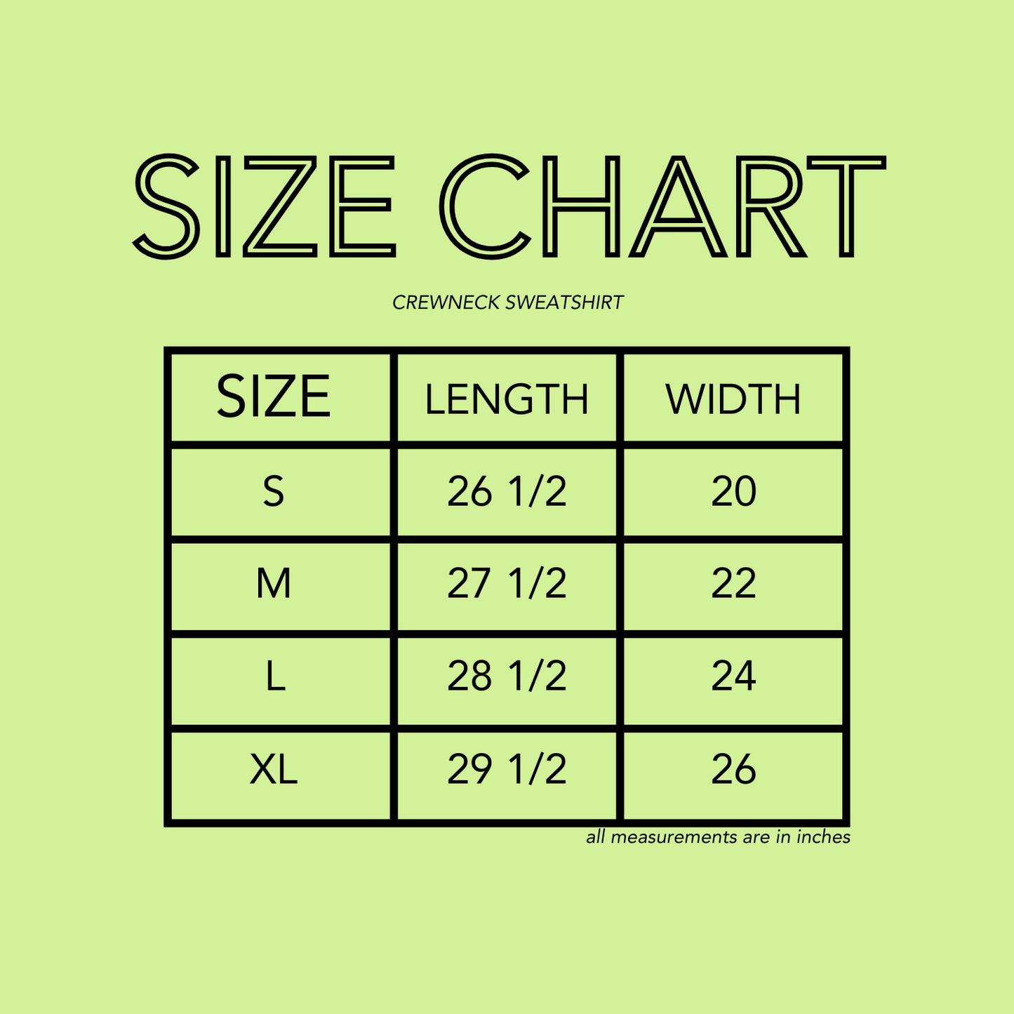 crewneck sweatshirt size chart