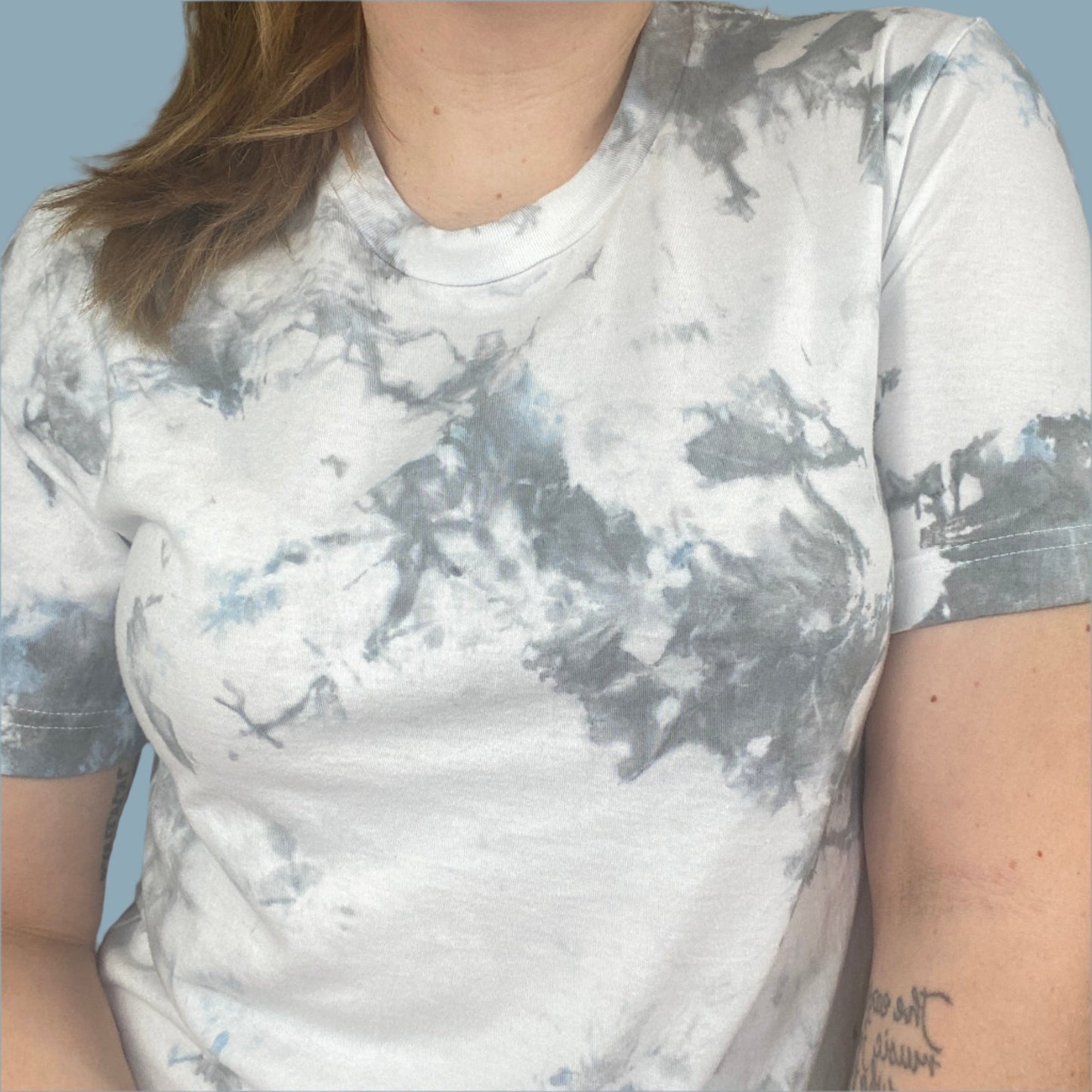 Gray, white and light blue tie dye shirt with the I Did It For Me Print with blue accents that adds a watercolor effect