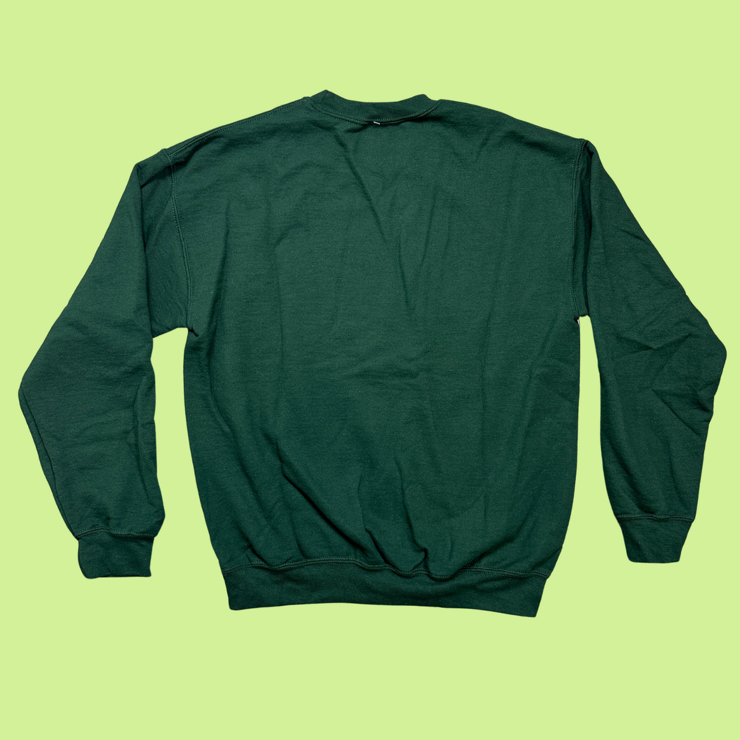 back of Dark Green Crewneck Sweatshirt with "merry and bright" printed on the front in white