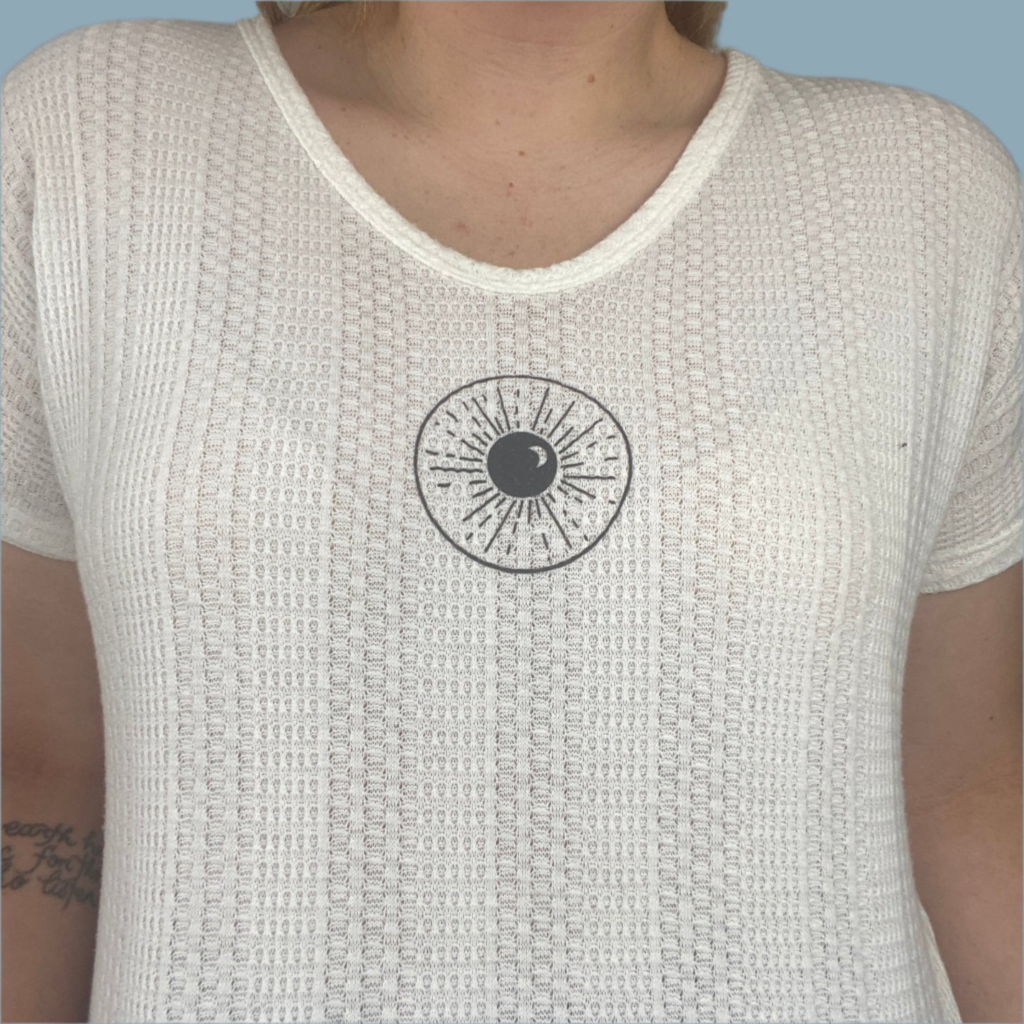 Paper Crane Waffle Knit Short sleeve white top with Inner Thoughts' Night Sk(eye) design on the front. Inner Thoughts x Kierstitch