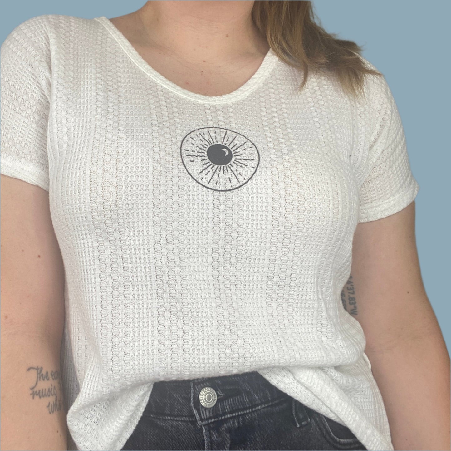 Paper Crane Waffle Knit Short sleeve white top with Inner Thoughts' Night Sk(eye) design on the front. Inner Thoughts x Kierstitch