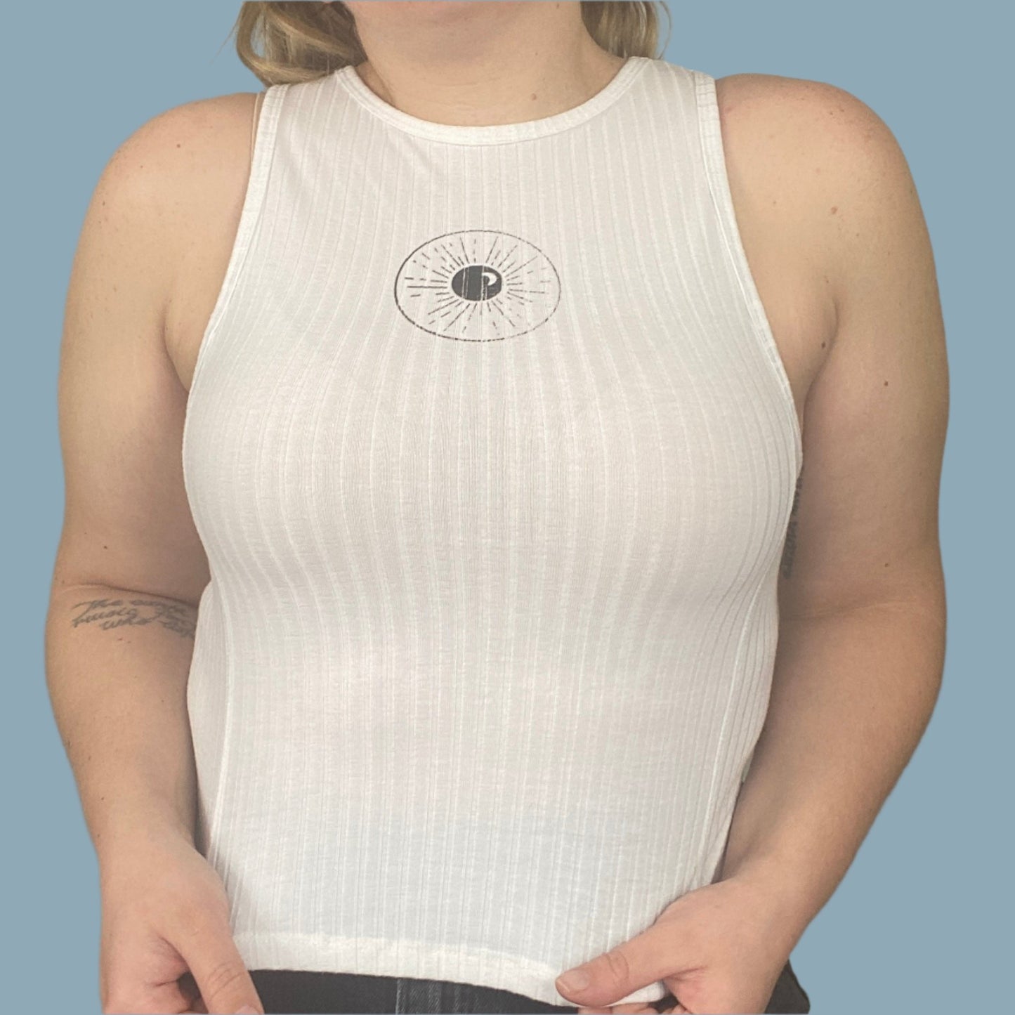 White high neck ribbed tank top with Night Sk(eye) print on the upper middle part of the front