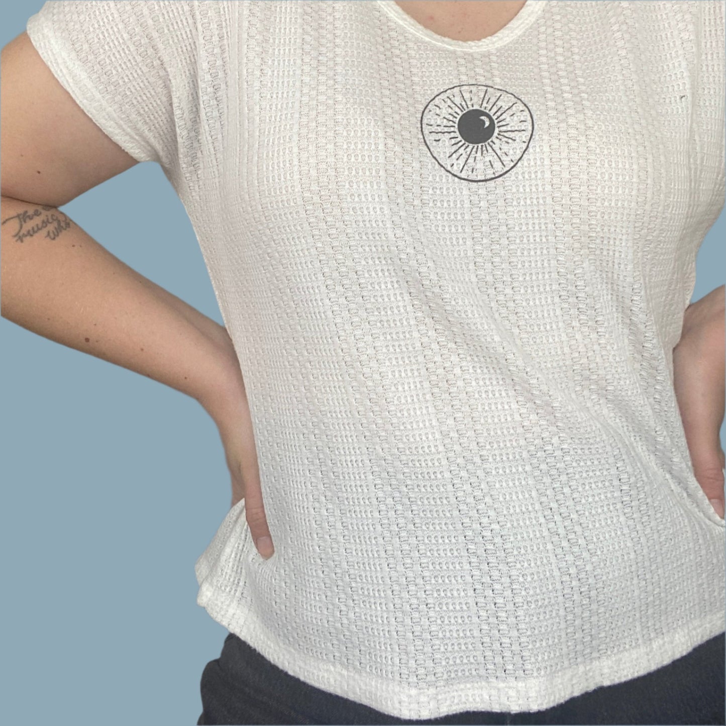 Paper Crane Waffle Knit Short sleeve white top with Inner Thoughts' Night Sk(eye) design on the front. Inner Thoughts x Kierstitch