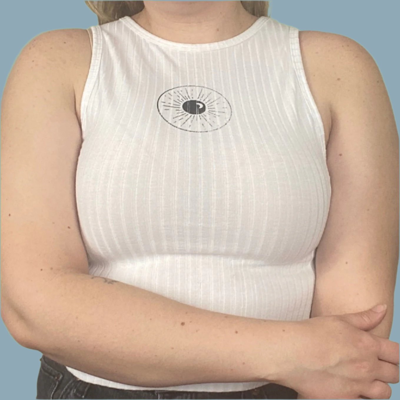 White high neck ribbed tank top with Night Sk(eye) print on the upper middle part of the front