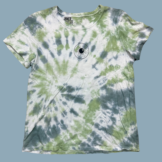 Green, Blue and White Spiral Tie Dye Distressed Tee with Night Sk(eye) Print on the front