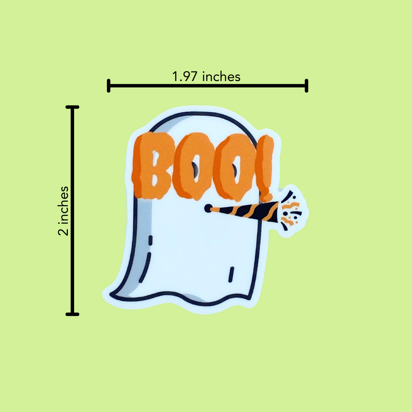 Ghost Party Sticker with Measurements. 2 inches in height and 1.97 inches wide.