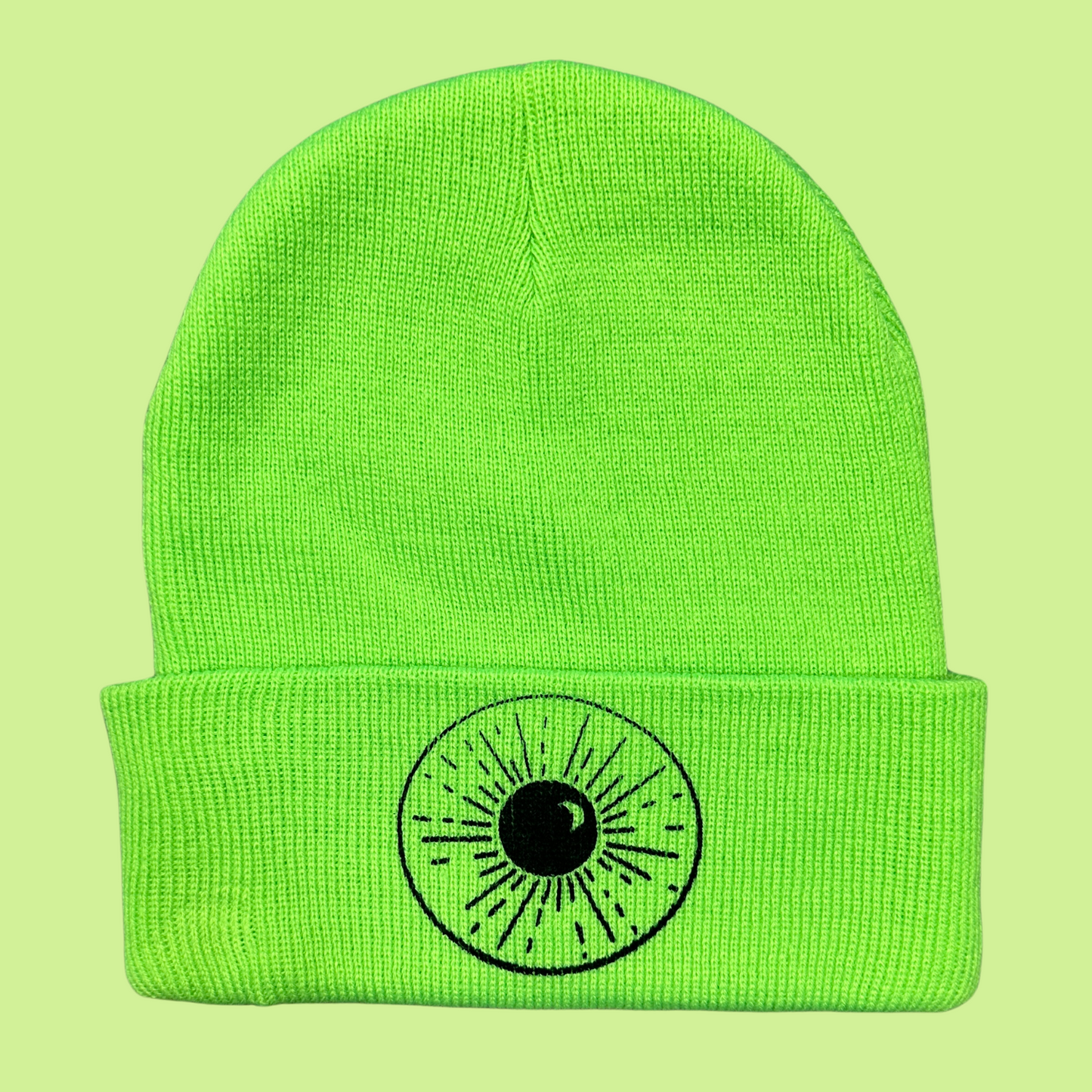 Lime Green Beanie with Night Sky Print on front fold