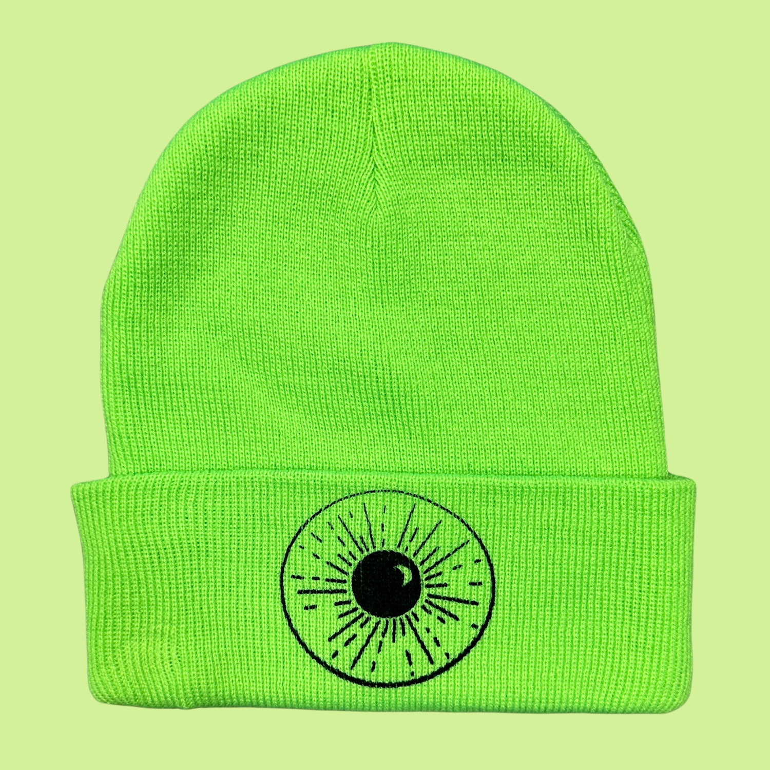 Lime Green Beanie with Night Sky Print on front fold