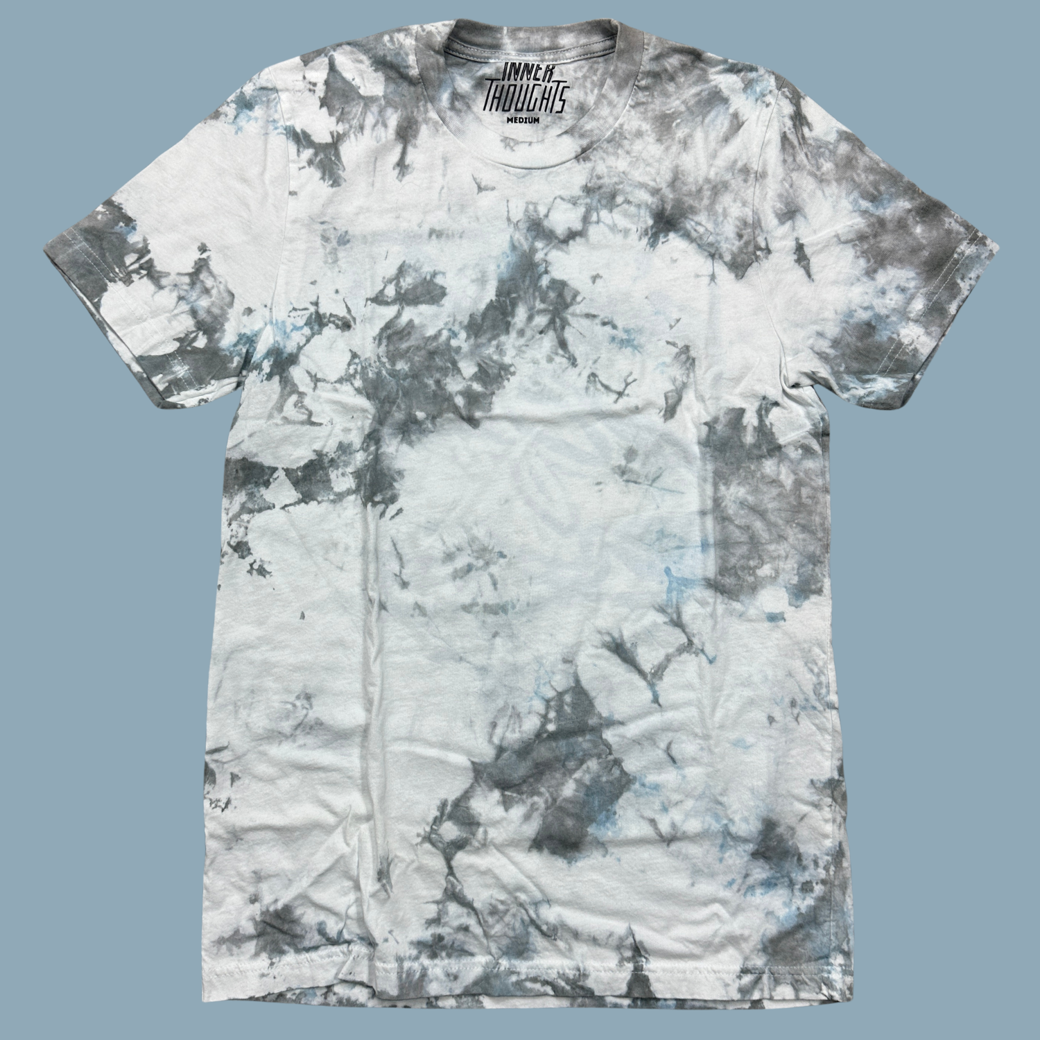 Gray, white and light blue tie dye shirt with the I Did It For Me Print with blue accents that adds a watercolor effect
