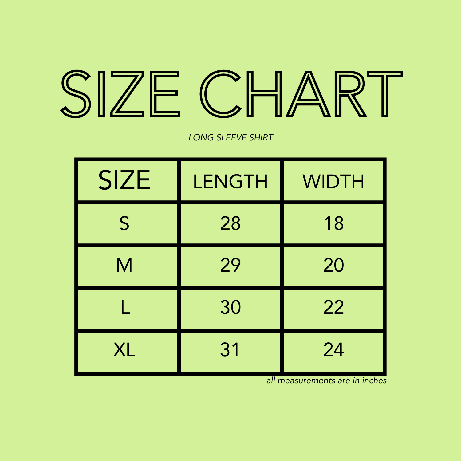 long sleeve shirt size chart