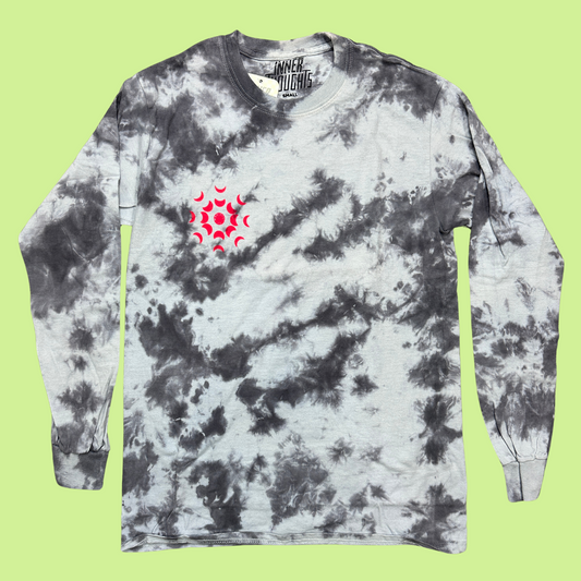 Gray and white long sleeve tie dye shirt with hot pink manifest it graphic on the front left pocket area and on the back. The graphic is the moon phases repeated in a circle with the full moon in the middle. Manifest It is written in the full moon.