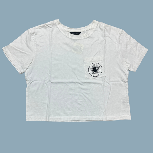 White Cotton Cropped Pocket Tee with Night Sk(eye) design on the pocket