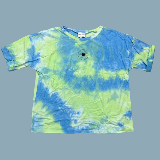 Blue, lime green and white tie dyed overized tshirt with Inner Thoughts Night Sk(eye) design on the front