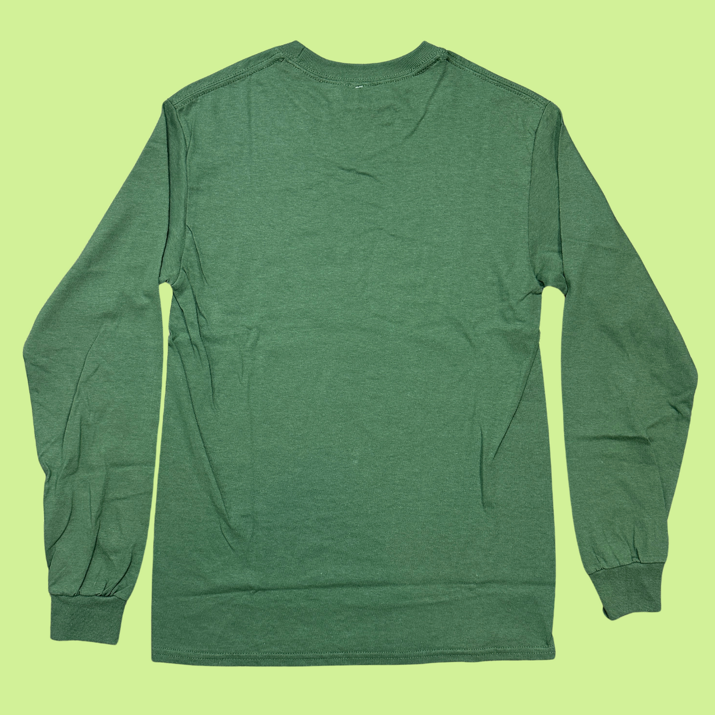 back of Military green long sleeve shirt with "too fucking cold" screenprinted in white on the right side pocket area; just blank