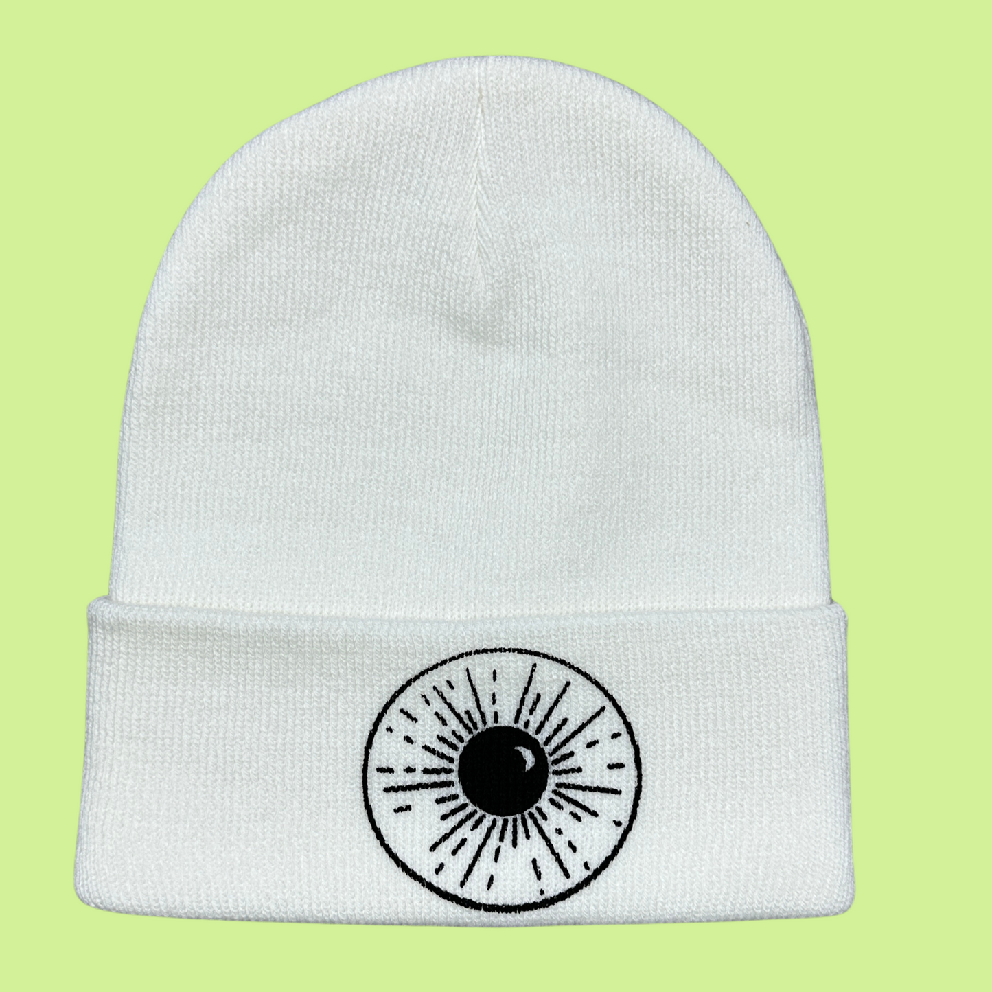 white Beanie with Night Sky Print on front fold