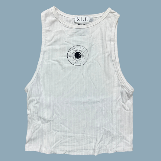 White high neck ribbed tank top with Night Sk(eye) print on the upper middle part of the front