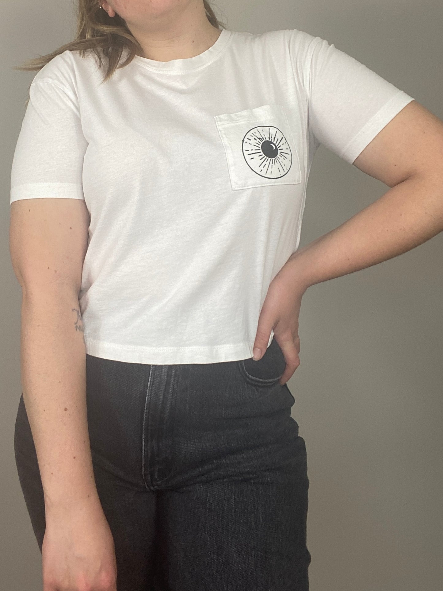 One of a Kind - White Cropped Night Sk(eye) Pocket Tee