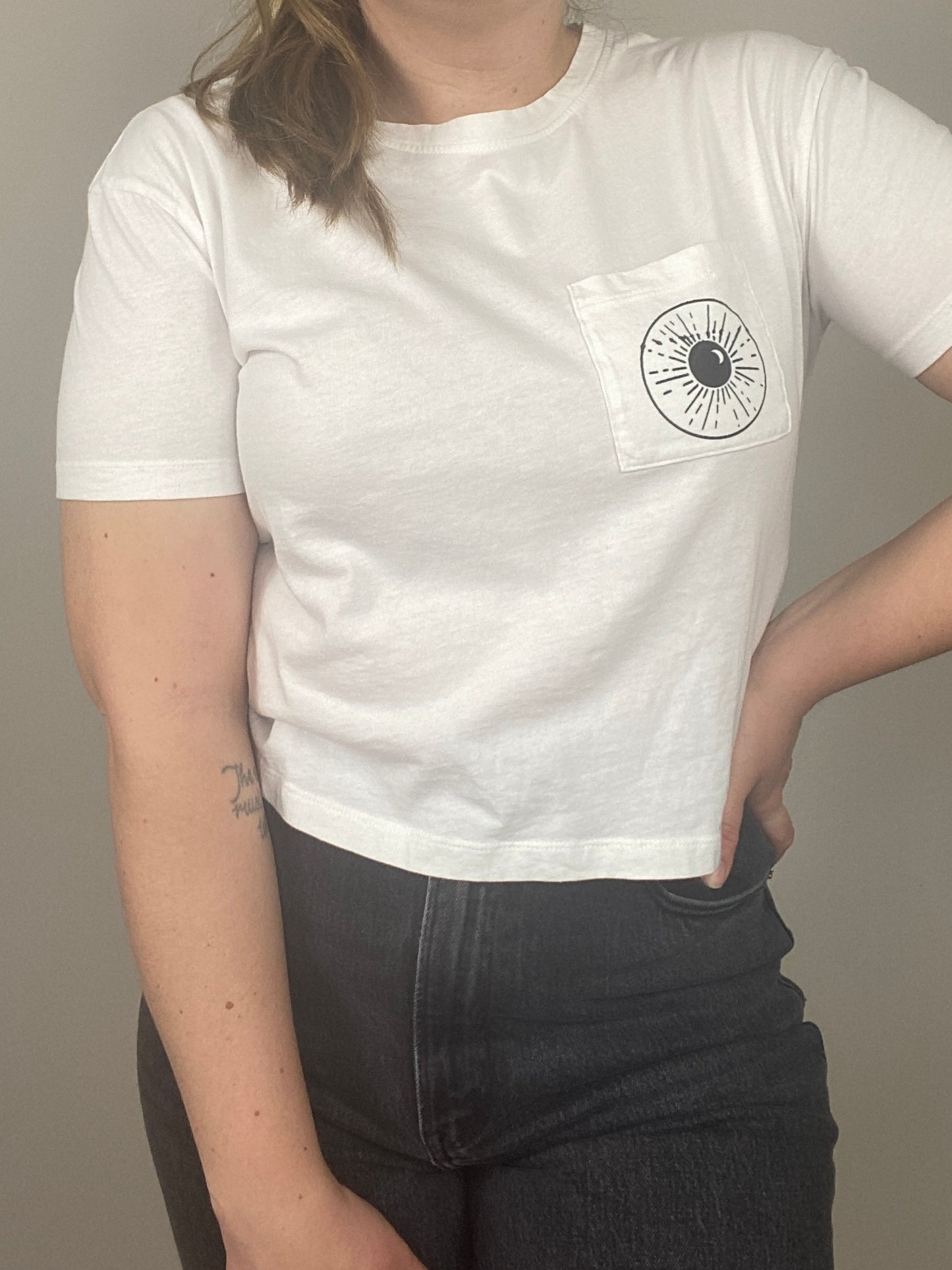 One of a Kind - White Cropped Night Sk(eye) Pocket Tee